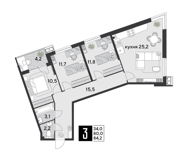 Планировка 3-комн 84,2 м²