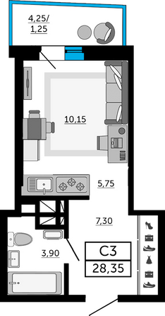 Планировка Студия 28,1, 28,35 м²