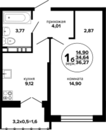 Планировка 1-комн 36,27 м²