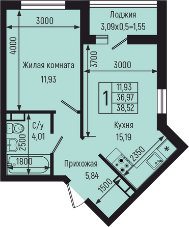 Планировка 1-комн 38,52 м²