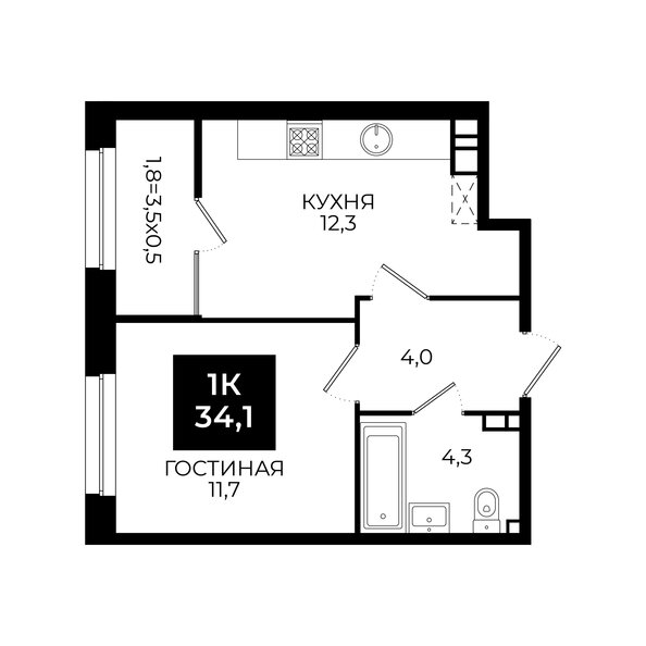 Планировка 1-комн 34 - 34,4 м²