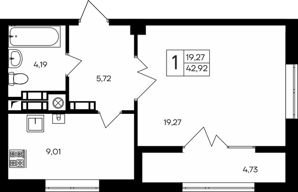 Планировка 1-комн 42,92 - 43,18 м²