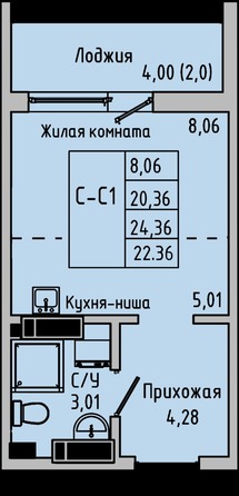 Планировка Студия 24,36 м²