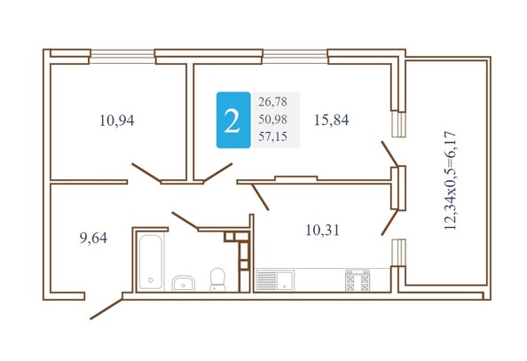 Планировка 2-комн 57,15 м²