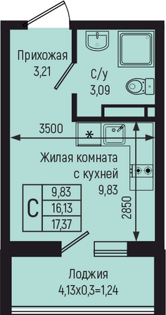 Планировка Студия 17,37 м²