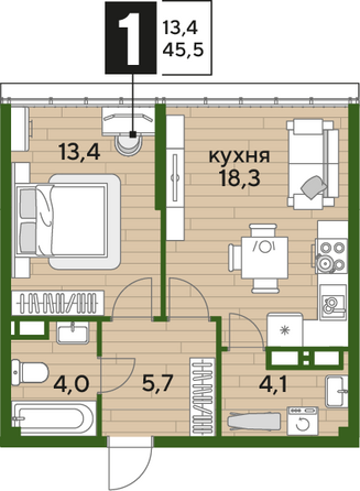 Планировка 1-комн 45,5 м²