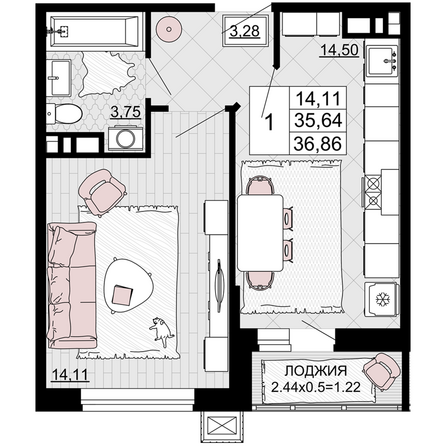 Планировка 1-комн 36,86 м²