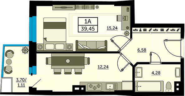 Планировка 1-комн 38,99, 39,11 м²