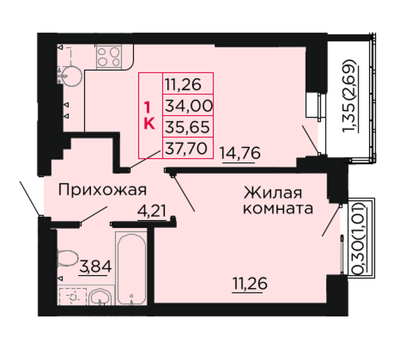 Планировка 1-комн 35,65 м²