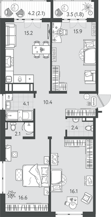 Планировка 3-комн 86,7 м²