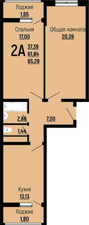 Планировка 2-комн 65,29, 65,39 м²