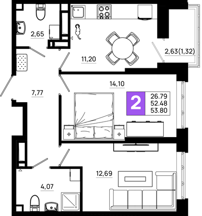Планировка 2-комн 53,8 м²