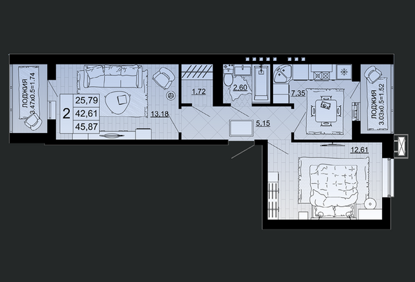 Планировка 2-комн 45,87 м²