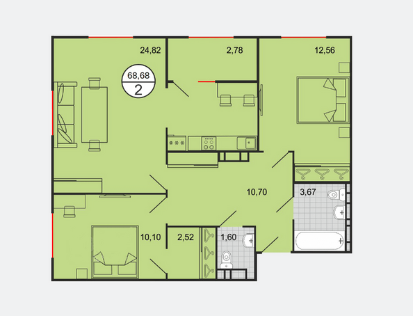 Планировка 2-комн 68,68 м²