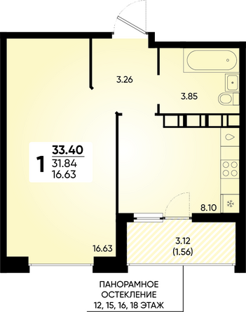 Планировка 1-комн 33,4 м²