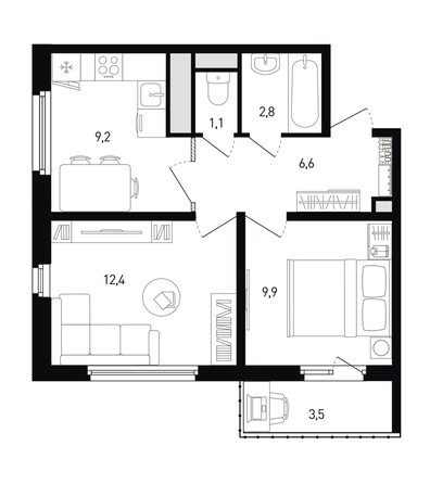 Планировка 2-комн 43,1, 43,2 м²