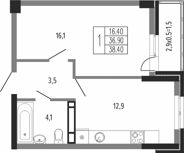 Планировка 1-комн 38,4 м²