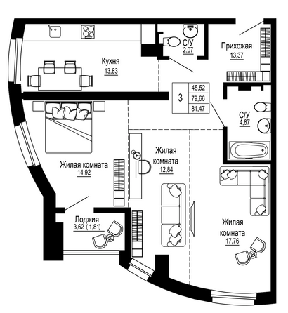 Планировка 3-комн 81,47 м²