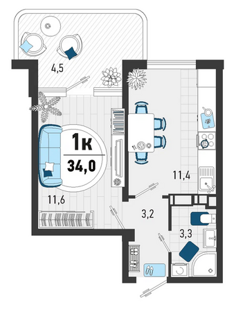 Планировка 1-комн 34 м²