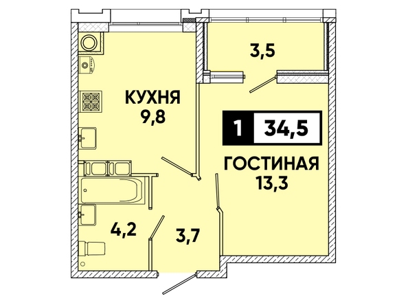 Планировка 1-комн 34,5 м²