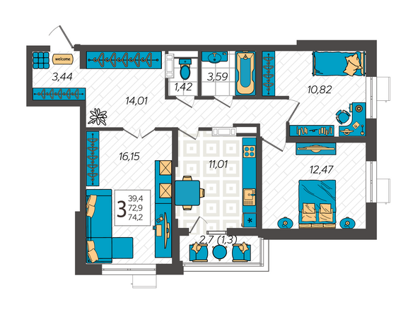 Планировка 3-комн 74,2 м²