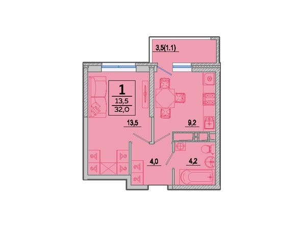 Планировка 1-комн 32 м²