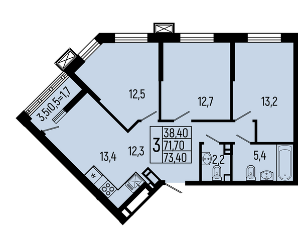 Планировка 3-комн 73,4, 74 м²