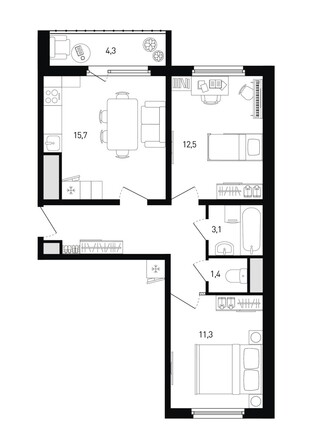 Планировка 2-комн 56,3 - 57,2 м²