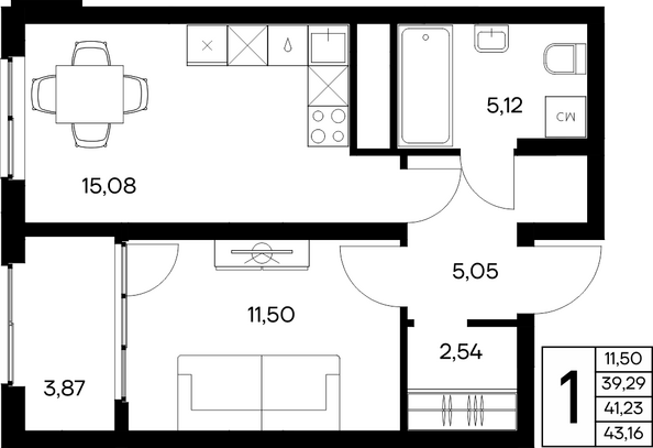 Планировка 1-комн 43,16 м²