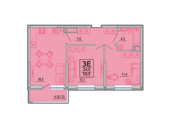 Планировка 3-комн 55,5 м²