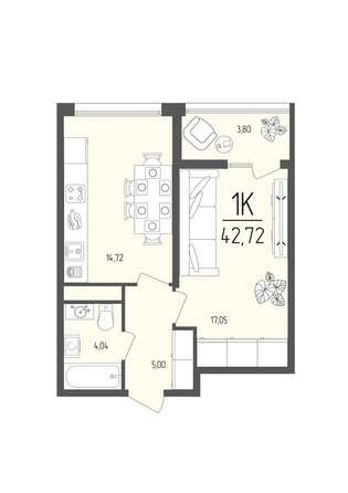 Планировка 1-комн 42,72 м²