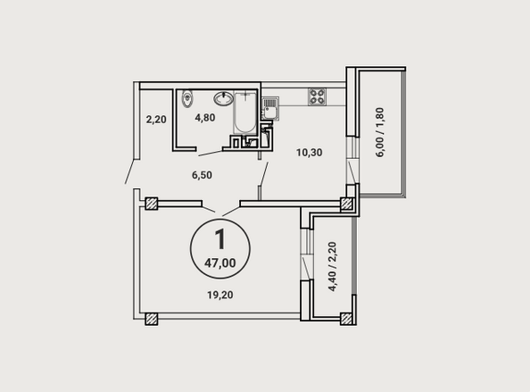 Планировка 1-комн 47 м²