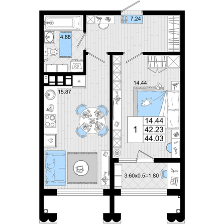 Планировка 1-комн 44,03 м²