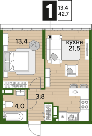 Планировка 1-комн 42,7 м²