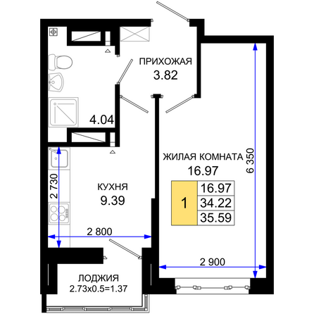 Планировка 1-комн 35,59 м²