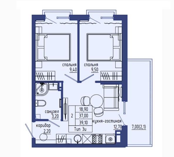 Планировка 3-комн 39,1 м²