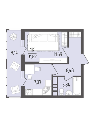 Планировка 1-комн 31,82 м²
