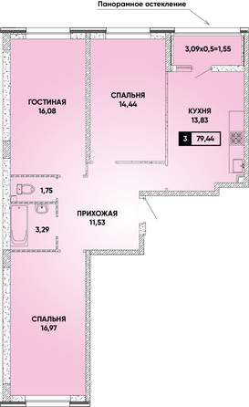 Планировка 3-комн 79,44 м²