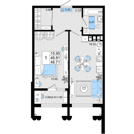 Планировка 1-комн 48,71 м²