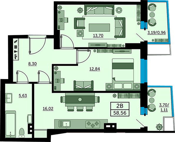 Планировка 2-комн 58,16, 58,26 м²