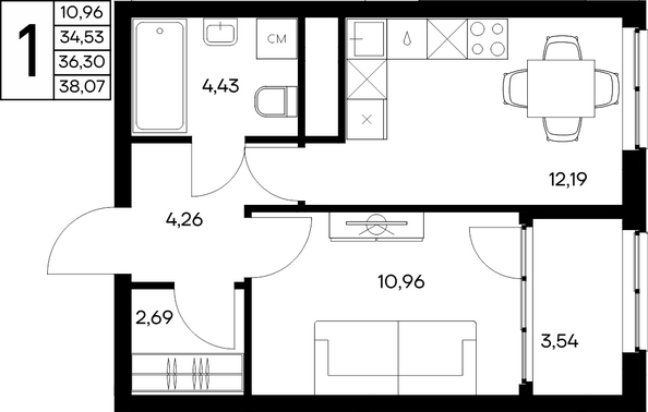 Планировка 1-комн 38,07 м²
