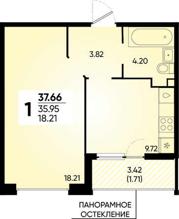 Планировка 1-комн 37,66 м²