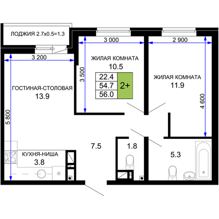 Планировка 2-комн 56 м²