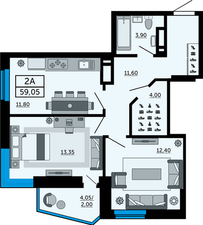 Планировка 2-комн 59,05 м²