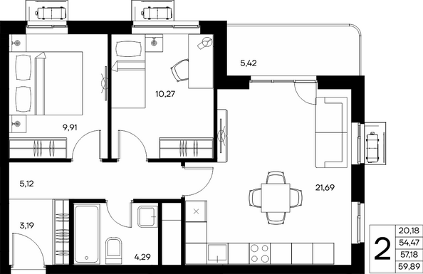 Планировка 2-комн 59,89 м²