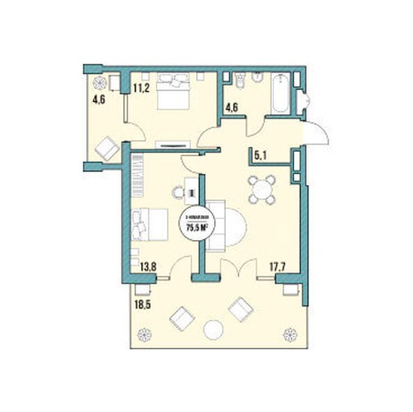 Планировка 3-комн 75,5 м²