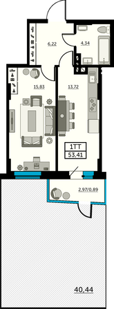 Планировка 1-комн 53,41 м²