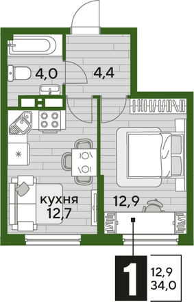 Планировка 1-комн 34 м²