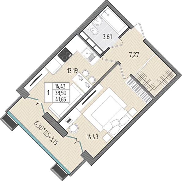 Планировка 1-комн 41,65 м²