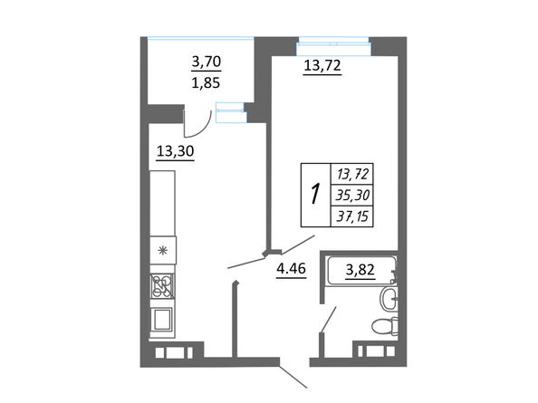 Планировка 1-комн 37,15 м²